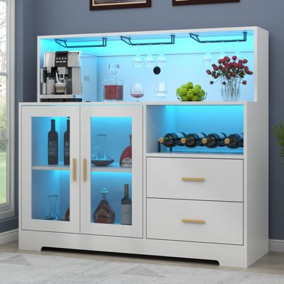 Bar Cabinet for Home with LED Light, Coffee Bar Cabinet with Wine & Glass Rack, Wine Cabinets with Storage Cabinet &Drawers, Modern Liquor Cabinets for Kitchen, Living Room, Dining Room (White)