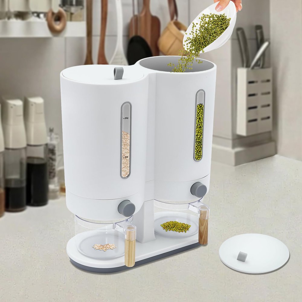 DYNAMI 2 in 1 Cereal Dispenser Rice Dispenser,Dual Control Dry Food Dispenser With Rice Cups, Beans Cereal Food Dispensers Countertop with Airtight Lid for Home Kitchen (Gray)