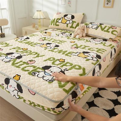 FCLDESHOP Mattress ProtectorWinter Solid Color Quilted Thickened Sheets, Warm Short Plush Flannel Anti-Slip Bedding Sheets,Green,200x220cm (3pcs)