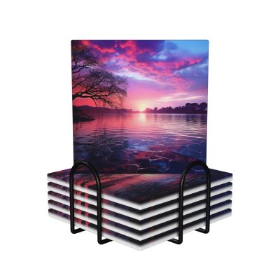 Ceramic Coasters for Drinks Square Drink Coasters with Metal Holder Purple Sunset on Water Ceramic Coaster Set of 6 Drinks Cup Mat Cork Backing Stone Coasters for Tabletop Protection 4.1"