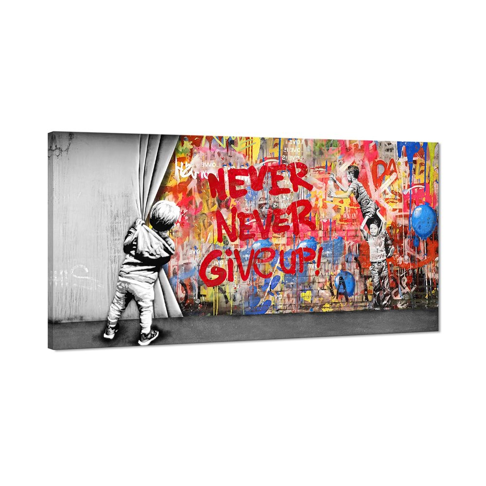 Banksy Graffiti Canvas Wall Art Modern Painting Inspirational Never Give Up Boy Behind The Curtain Prints for Living Room Home Office Decor, Framed 32" x 16"