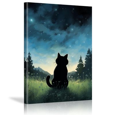 JGGXHM Black Cat in Forest By Animal the Starry Night Wall Paintings Black Poster Canvas Art Print Room Wall Child Mural Decor -(50x70cm) 20x28in Frameless