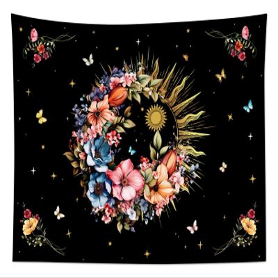 EOBTAIN Boho Sun Tapestry Retro Hippie Colorful Vintage Floral and Butterfly Nature Plant Tapestries for Bedroom Aesthetic Black and Gold Fabric Wall Hanging Decor for Living Room Bedroom 60"x40"