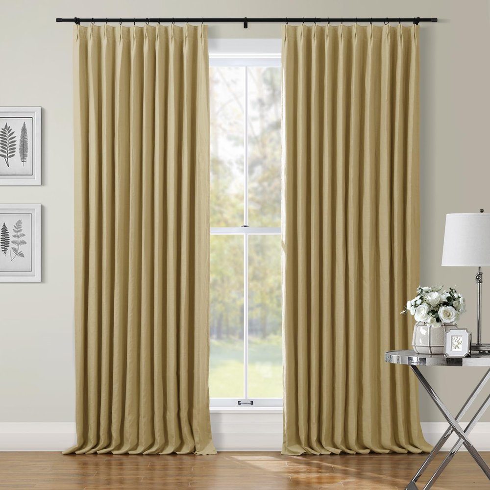 TWOPAGES Belgian Flax Linen Curtain Oatmeal Drape for Kitchen Living Room 102 Inches Long, Light Reducing Pinch Pleated Window Treatment Curtain (72W x 102L Inches, 1 Panel)