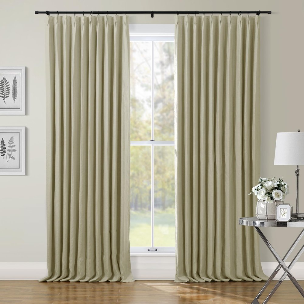 TWOPAGES Premium Belgian Flax Linen Curtain Light Gray Pinch Pleated Drape for Living Room Kitchen Light Filtering Privacy Protection Curtain (40W x 120L Inches, 1 Panel)