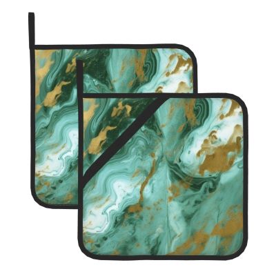 Green Gold Marble Print Pot Holders Set of 2 Kitchen Heat Resistant Hot Pads with Pocket Waterproof Potholder for Cooking Baking Oven BBQ Housewarming Gift