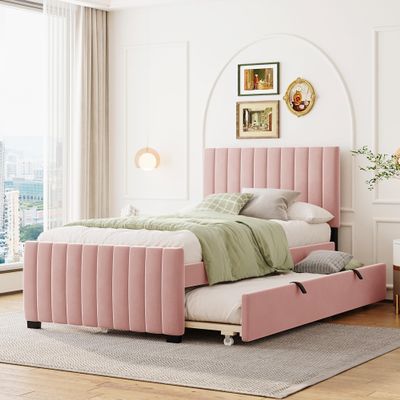 Elegant Twin Size Velvet Upholstered Platform Bed with Twin Size Trundle,for Kids Boys Girls Teens Adults Bedroom Use (Pink@Velvet, Twin)