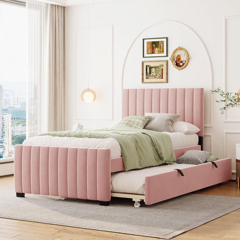 Elegant Twin Size Velvet Upholstered Platform Bed with Twin Size Trundle,for Kids Boys Girls Teens Adults Bedroom Use (Pink@Velvet, Twin)