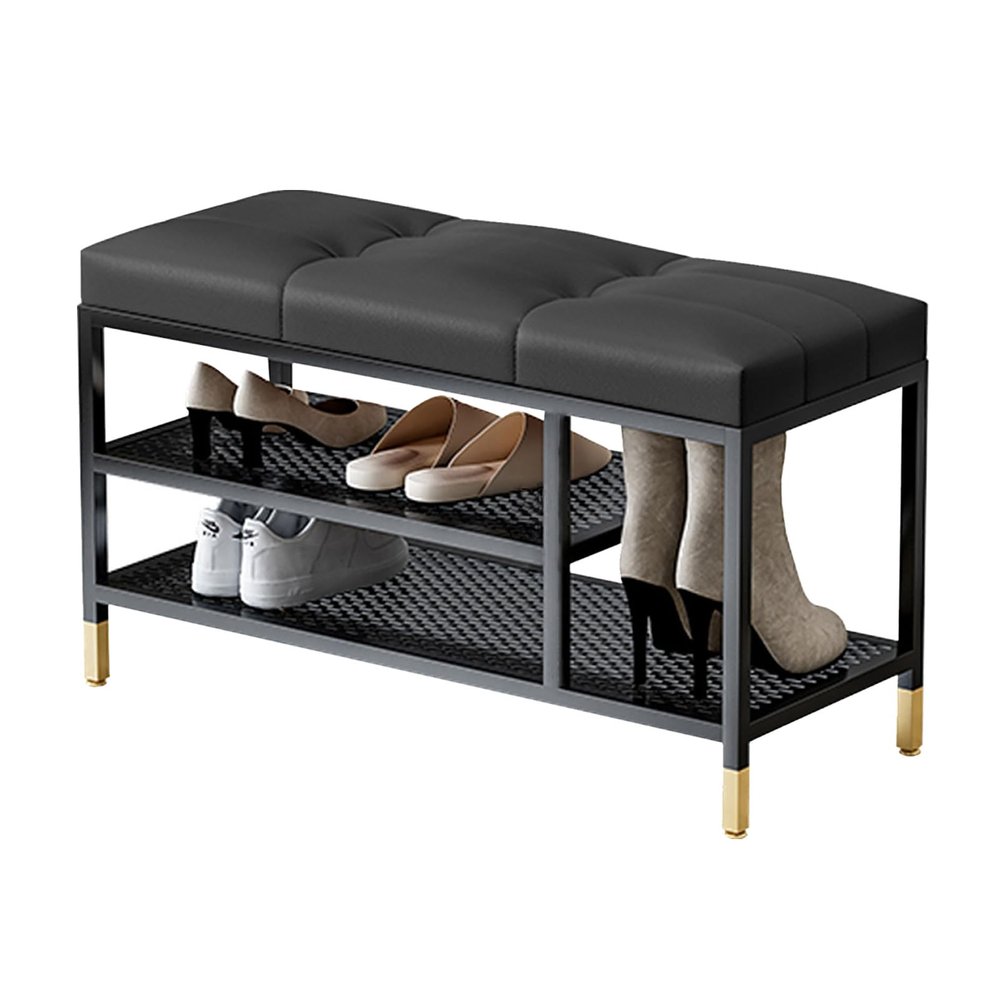 KAMPCO 3 Tier Shoe Rack Entryway Bench, Shoe Storage Bench with Padded Seating, Metal Frame, Hallway Bench for Living Room Bedroom