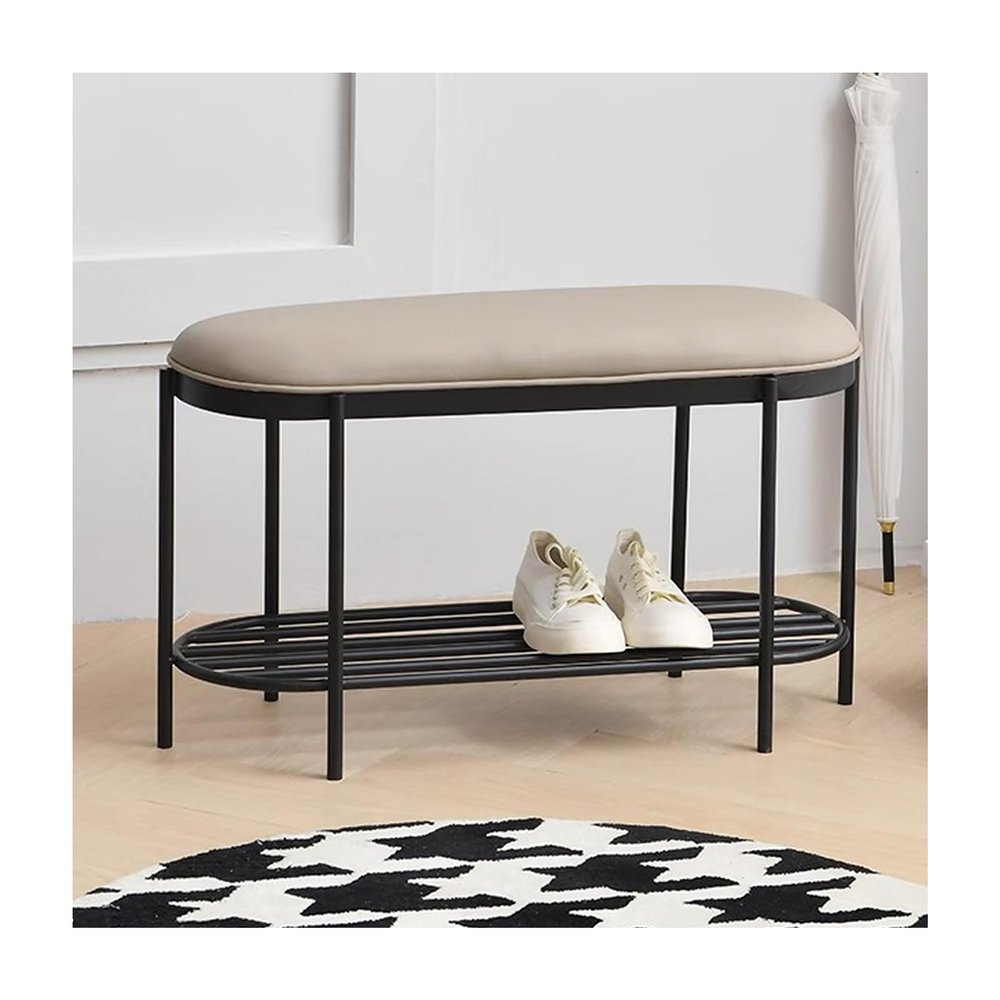 KAMPCO 2 Tier Entryway Shoe Storage Rack, Upholstered Shoe Organizer Beach with PU Leather Cushion Seat, Shoe Changing Bench Stool for Living Room, Bathroom, Hallway, 90 x 30 x 46 cm, Grey