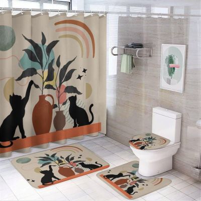 FBMLBRB Brebasf Abstract Mid Century Black Cat 4 Pieces Shower Curtain Set, Rustic Boho Floral Leaves Colorful Rainbow Non-Slip Rugs Toilet Lid Cover Bath Mat and Bathroom Curtain
