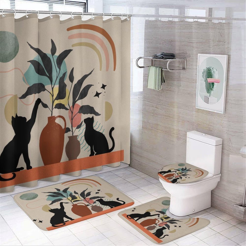FBMLBRB Brebasf Abstract Mid Century Black Cat 4 Pieces Shower Curtain Set, Rustic Boho Floral Leaves Colorful Rainbow Non-Slip Rugs Toilet Lid Cover Bath Mat and Bathroom Curtain
