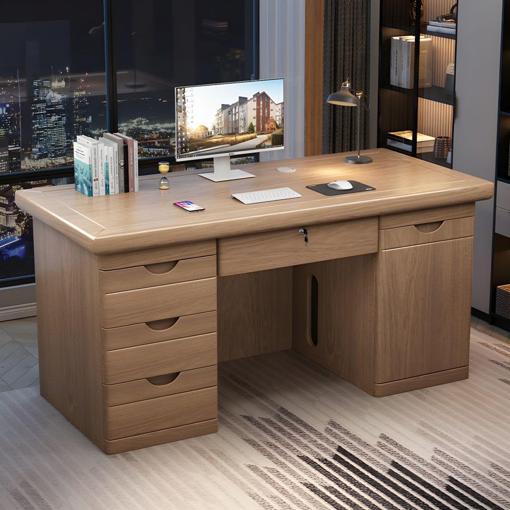 CraftThink Writing Desk, Traditional Brown Wood Writing Desk with 4 Drawers and Locking Cabinet for Office, Computer Desk Study Table Work Desk for Home Office, 47" L x 23.5" W x 30" H Natural