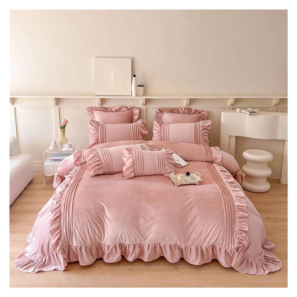ADovz Ruffled Plush Warm Winter Girls Bedding Sets Fluffy Milk Flannel Comforter Set Set Sheets Pillowcases,Bed Sheets