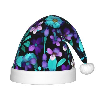 IRSHI Children's Santa Hat Bright & Comfortable Winter Xmas Holiday Hat Unisex Velvet Christmas Hat purple and teal flower