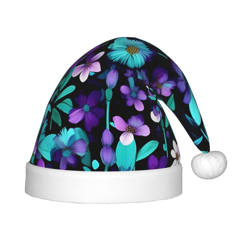 IRSHI Children's Santa Hat Bright & Comfortable Winter Xmas Holiday Hat Unisex Velvet Christmas Hat purple and teal flower
