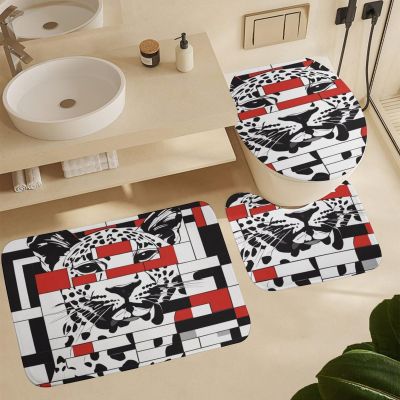 ZGDPBYF Bathroom Rugs Set 3 Pieces Bath Rugs Non Slip, Black Red Spotted Cheetah Animal Bathroom Mat, Bathroom Set with Toilet Rugs, Geometry Perfect Plush Bathroom Mats for Bathroom Tub, Shower