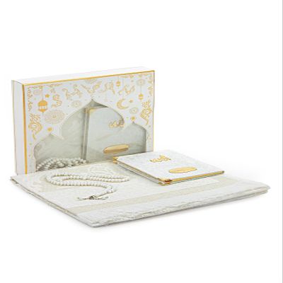 ihvan online Prayer Gift Set for Men & Women, Muslim Taffeta Prayer Rug, Salah Mat, Beads Rosary, Velvet Covered Yaseen Islamic Gift Set for Ramadan & Eid, White