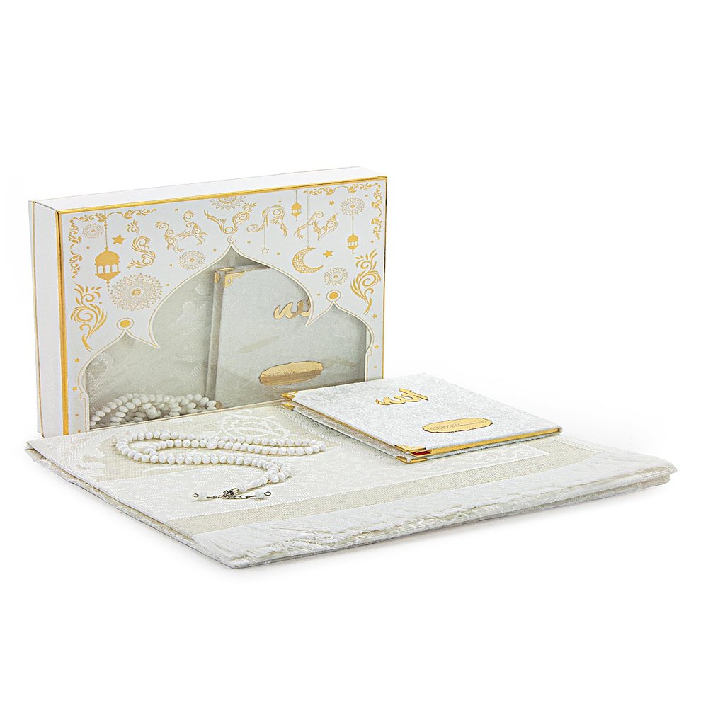 ihvan online Prayer Gift Set for Men & Women, Muslim Taffeta Prayer Rug, Salah Mat, Beads Rosary, Velvet Covered Yaseen Islamic Gift Set for Ramadan & Eid, White