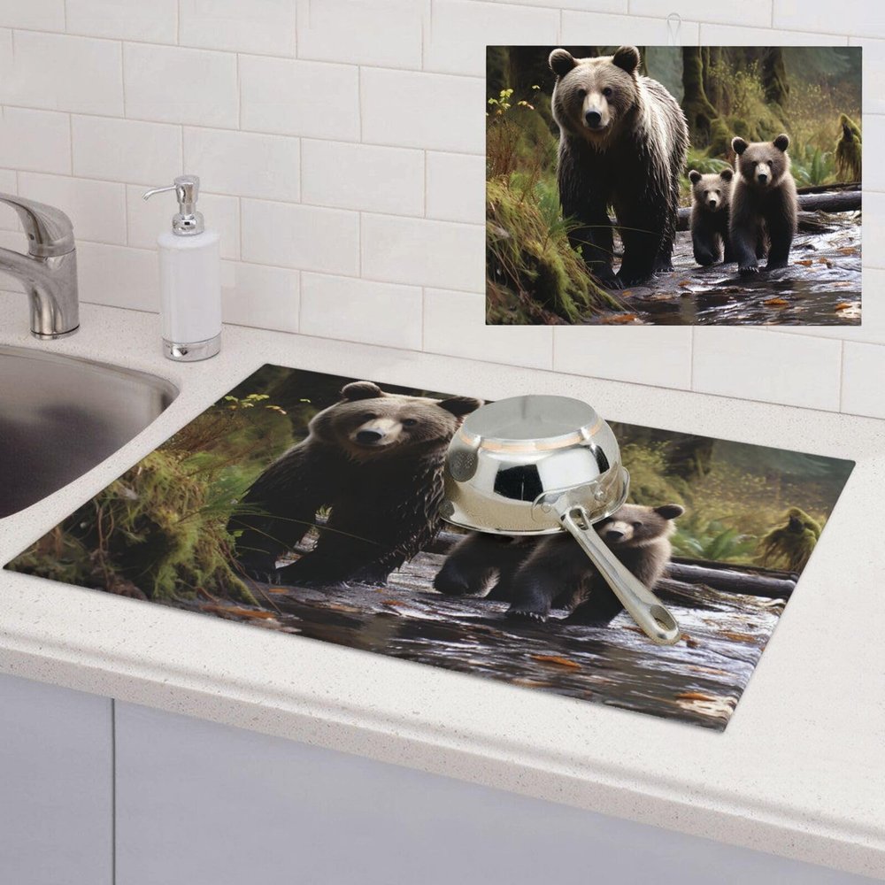 Microfiber Dish Drying Mat for Kitchen Counter, Absorbent Dish Drying Pads, Non-slip Kitchen Draining Mat, Large Mother bear and her cubs Dishes Drainer Mats, 24"x18" Dish Drainer Pad