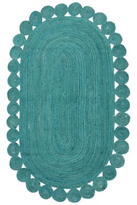12x15 Oval Kilim Rug  Handmade Boho Oval Rug, Natural Jute, Hand Braided, Solid Turquoise Blue, 0.27" Thick Flatweave Carpet for Bedroom, Living Room, Dining Area