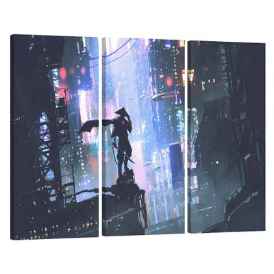 3 Piece Cyberpunk Style Canvas Wall Art Futuristic Samurai Standing on a Building in Cyberpunk City Bathroom Decor Wall Art Circuit Board Print on Canvas Stretched and Framed Ready to Hang 20X40X3INCH