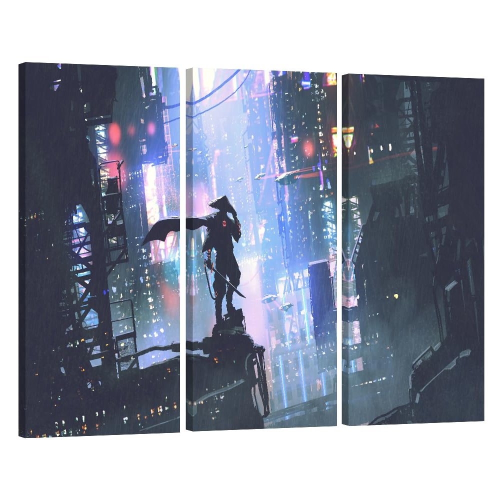 3 Piece Cyberpunk Style Canvas Wall Art Futuristic Samurai Standing on a Building in Cyberpunk City Bathroom Decor Wall Art Circuit Board Print on Canvas Stretched and Framed Ready to Hang 20X40X3INCH