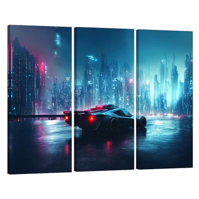 3 Piece Canvas Wall Art for Living Room Cyberpunk Style Wall Art Futuristic Car on a Neon Cyberpunk Home Decor Sports Cyberpunk Picture Print On Canvas Ready to Hang for Bedroom Office 20X40X3 INCH