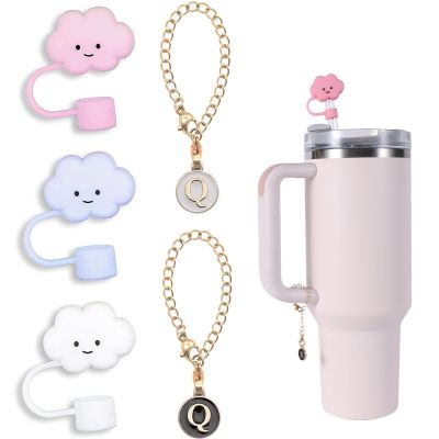 3pcs 10mm Cloud Straw Topper for Stanley Straw Cover 40 oz 30 oz + 2pcs Letter Chain Charm for Stanley Tumblers with Handle for Stanley Cup Accessories Food Grade Silicone Straw Cap Tips Cover Plug