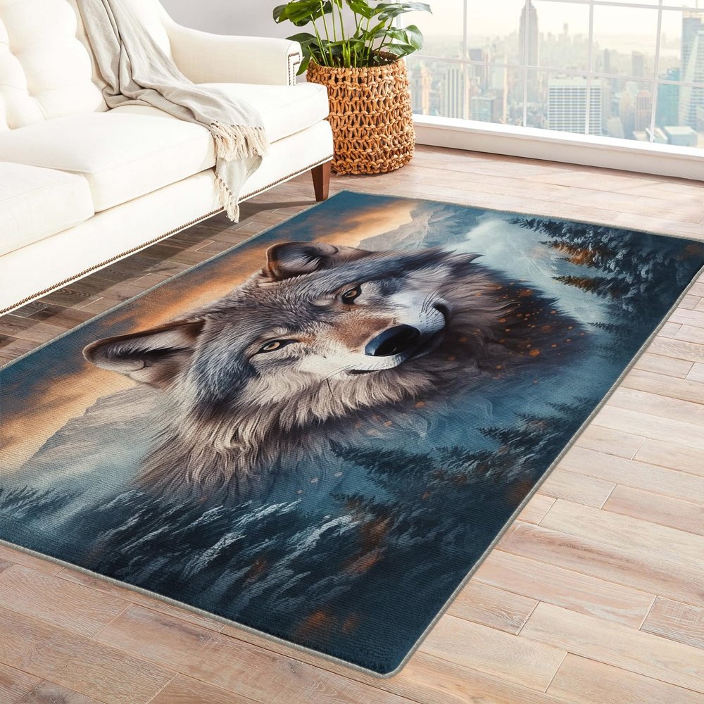 ZDABAOEC Wolf Rug, Animal 3x4 Area Rugs, Machine Washable & Non Slip, Mountain Forest Wolf Patterned Small Rugs for Bedroom Living Room Entryway, Indoor Floor Carpet & Home Decor