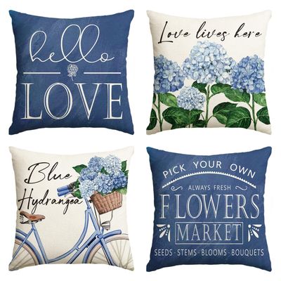 AVOIN colorlife Hello Love Blue Hydrangea Bicycle Throw Pillow Covers, 20 x 20 Inch Flowers Summer Spring Mother's Day Cushion Case for Sofa Couch Set of 4