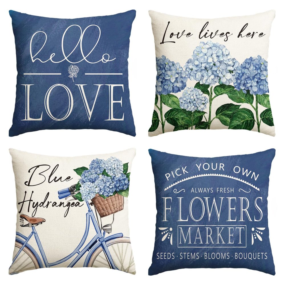 AVOIN colorlife Hello Love Blue Hydrangea Bicycle Throw Pillow Covers, 20 x 20 Inch Flowers Summer Spring Mother's Day Cushion Case for Sofa Couch Set of 4