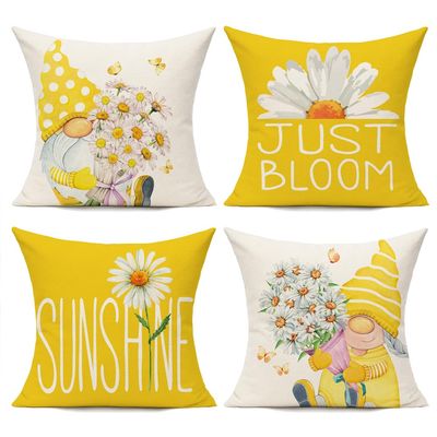 All Smiles Outdoor Yellow Throw Pillow Covers 22x22 Set of 4 Spring Summer Decorative Cushion Cases Home Dcor Decorations for Patio Couch Chair Sofa,Daisy Floral Gnomes