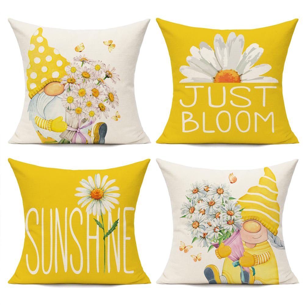 All Smiles Outdoor Yellow Throw Pillow Covers 22x22 Set of 4 Spring Summer Decorative Cushion Cases Home Dcor Decorations for Patio Couch Chair Sofa,Daisy Floral Gnomes