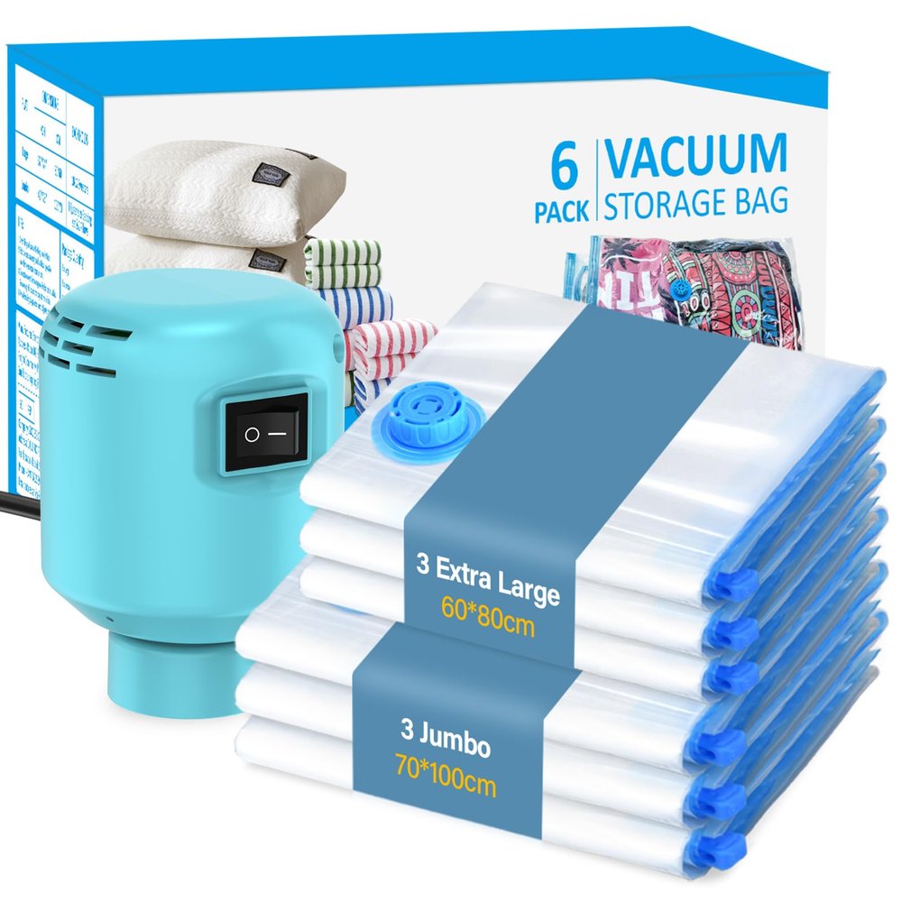 kissleaf Vacuum Storage Bags with Electric Air Pump, 6 Pack (3 Jumbo, 3 Large) Fast Deflating Double Zip Seal Space Saver Bag for Clothes, Mattress, Blanket, Duvets