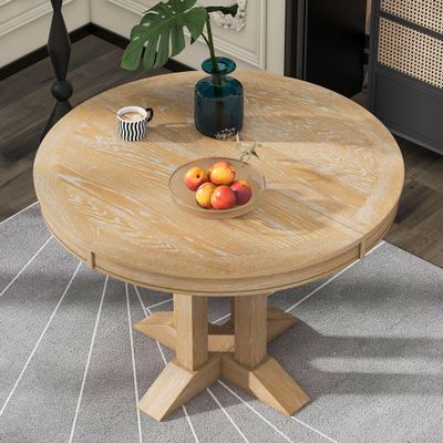 P PURLOVE Round Dining Table, Farmhouse Wood Extendable Dining Table with 14" Leaf, Wood Kitchen Table (Natural Wood Wash)