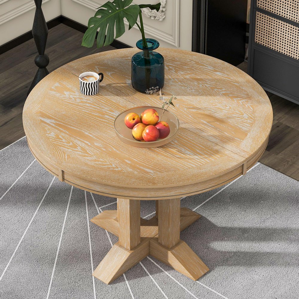 P PURLOVE Round Dining Table, Farmhouse Wood Extendable Dining Table with 14" Leaf, Wood Kitchen Table (Natural Wood Wash)