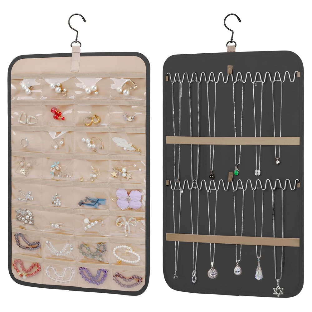 POTRUWE Larg Hanging Jewelry Organizers and Storage, Jewelry Bags Travel Storage Roll with Pockets Travel Jewelry Holder Jewelry Storage Containers Pocket Organizer for Door Jewelry Organizer (Black1)