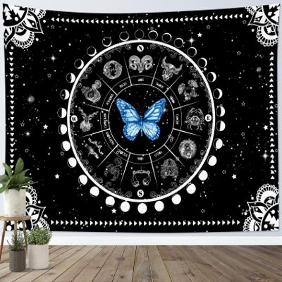 HVEST Blue Teal Butterfly Tapestry Black and White Bohemian Mandala Tapestry for Bedroom,Trippy Moon Phase and Constellation Tapestry Wall Hanging for Living Room Dorm Home Wall Decor,40L X 60W inches