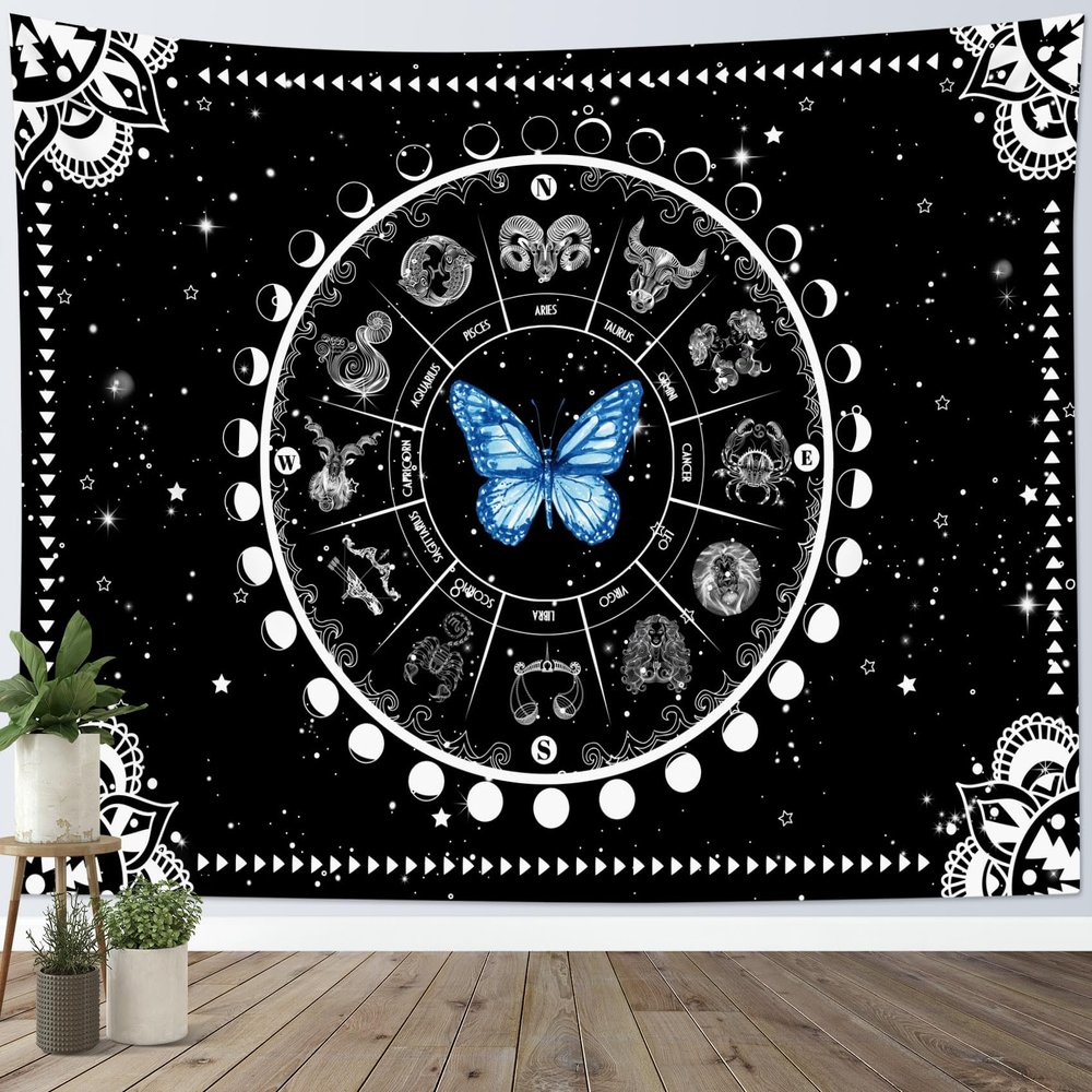 HVEST Blue Teal Butterfly Tapestry Black and White Bohemian Mandala Tapestry for Bedroom,Trippy Moon Phase and Constellation Tapestry Wall Hanging for Living Room Dorm Home Wall Decor,40L X 60W inches