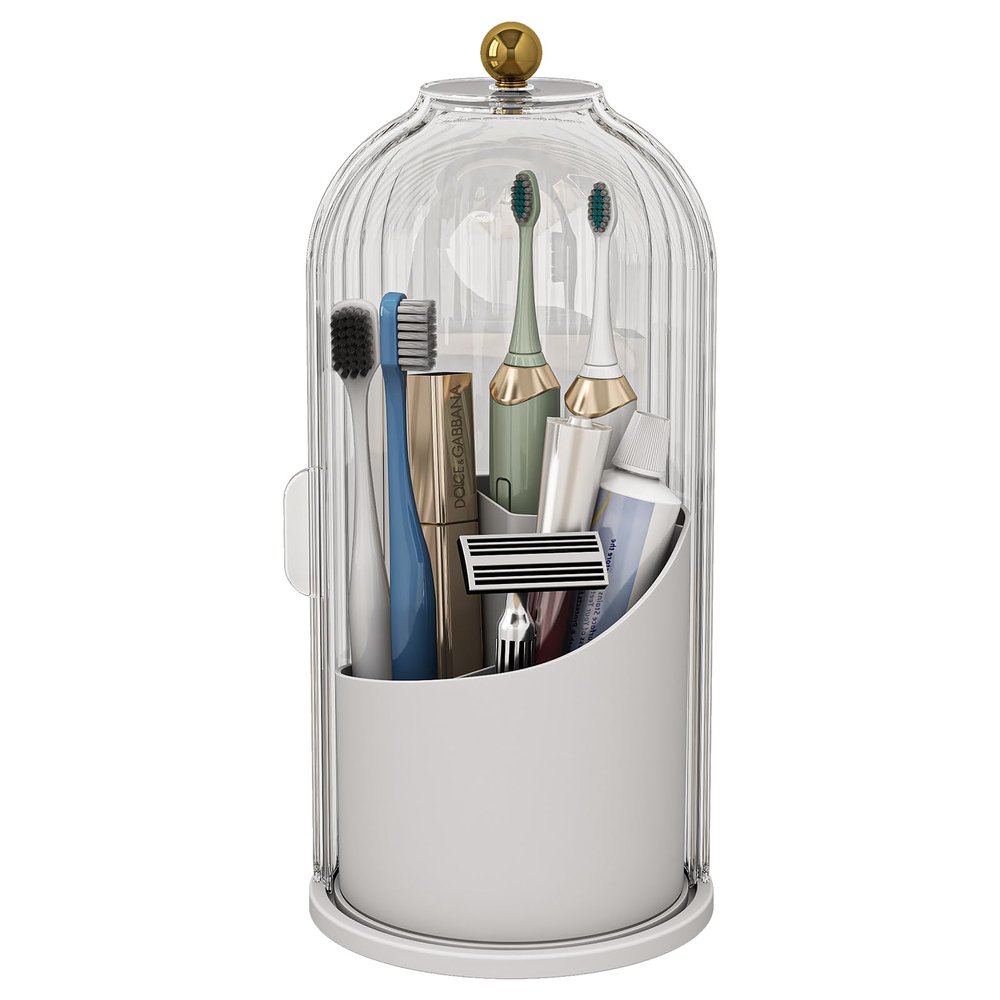 Zufudo Dustproof Toothbrush Holders with Cover, Rotating Electric Toothbrush and Toothpaste Holder for Bathroom Countertop, 3 Slots Makeup Brushes Organizer, Transparent