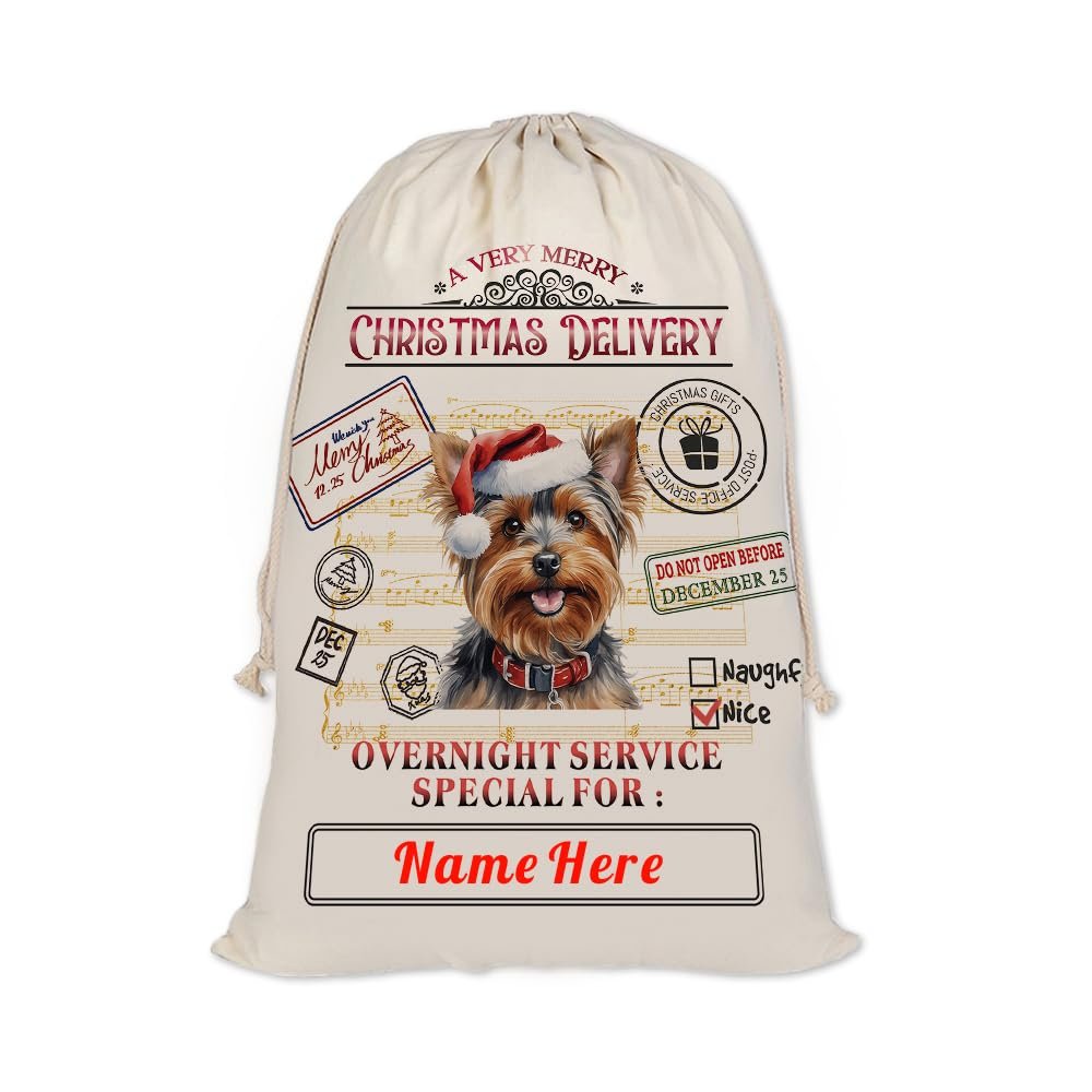 GUGLILI Custom Yorkshire Terrier Santa Sack Funny Dog in Santa Hat Xmas Christmas Bag Reusable Gift Bag for Dog Lover with Drawstring 12"X15" Cotton Linen Overnight Service for You Style 1