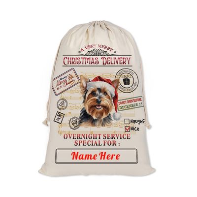 GUGLILI Custom Yorkshire Terrier Santa Sack Funny Dog in Santa Hat Xmas Christmas Bag Reusable Gift Bag for Dog Lover with Drawstring 12"X15" Cotton Linen Overnight Service for You Style 3