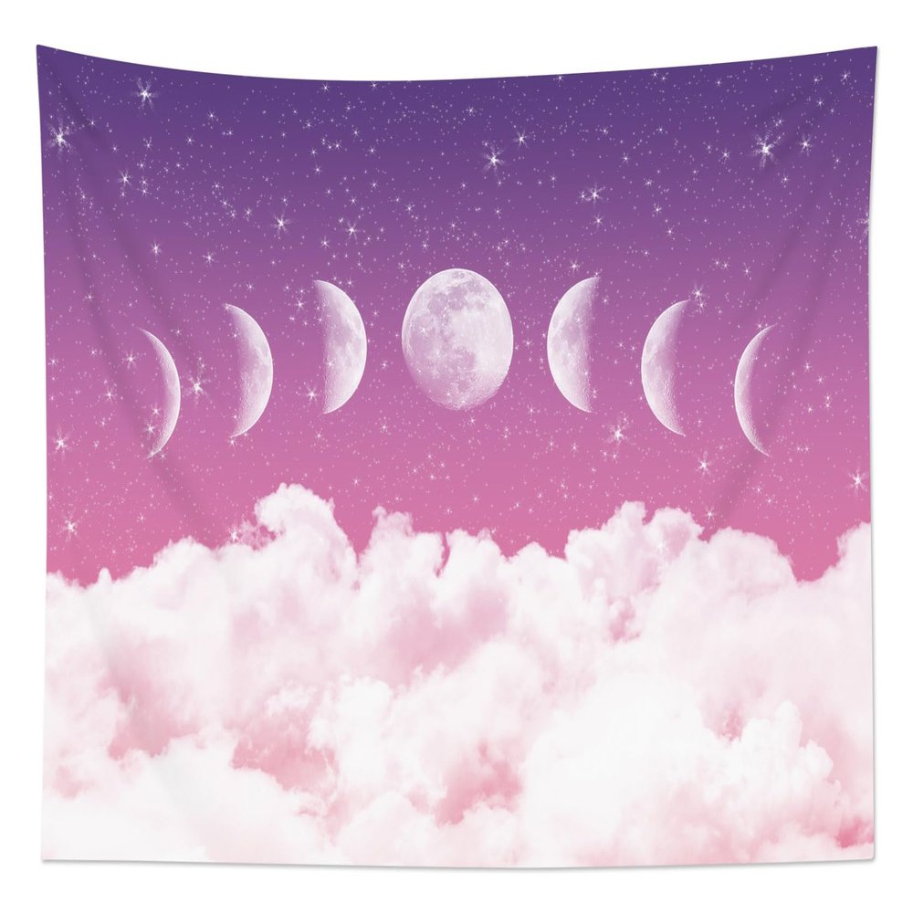 HVEST Moon Phase Tapestry Pink Cloud and Moon on Purple Galaxy Space Tapestry for Bedroom,Nature Landscape Tapestry Wall Hanging for Living Room Dorm Home Wall Decor,60L X 80W inches