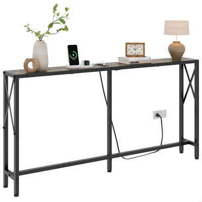 Gewudraw Sofa Table with Oulets and USB Ports, 55.1" Couch Table Behind Sofa, Industrial Long Skinny Stand for Hallway, Living Room, Bedroom, 6.5 Feet Power Cord