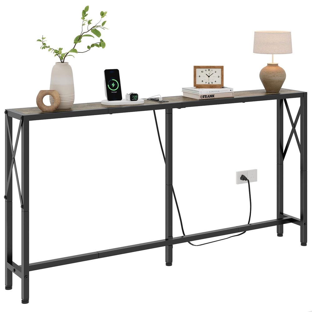 Gewudraw Sofa Table with Oulets and USB Ports, 55.1" Couch Table Behind Sofa, Industrial Long Skinny Stand for Hallway, Living Room, Bedroom, 6.5 Feet Power Cord
