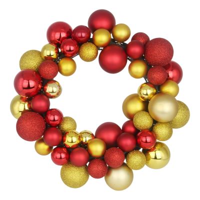 GameXcel DIY Christmas Ball Wreath 12" Christmas Wreaths with Glitter Shatterproof Balls Ornaments for Front Door Indoor Outdoor Christmas Decorations Decor, Red and Gold