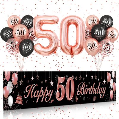 50th Birthday Decorations for Women,BTZO Black Rose Gold Happy 50th Birthday Banner Birthday Balloons,Number 50 Balloon Rose Gold Confetti Balloons for 50th Birthday Anniversary Party Decorations