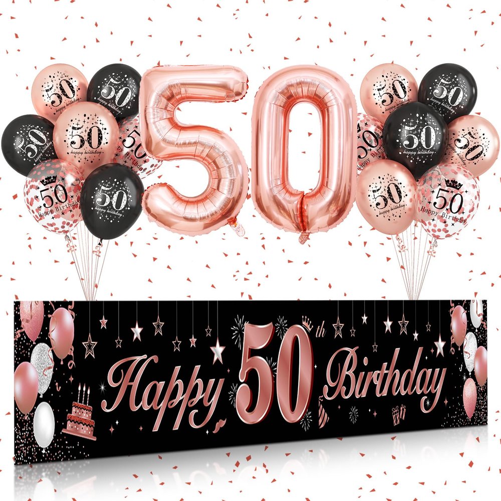 50th Birthday Decorations for Women,BTZO Black Rose Gold Happy 50th Birthday Banner Birthday Balloons,Number 50 Balloon Rose Gold Confetti Balloons for 50th Birthday Anniversary Party Decorations