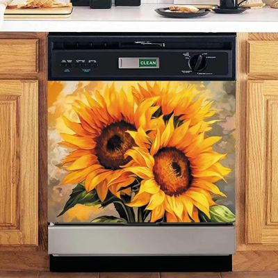MLGB Farmhouse Sunflower Kitchen Dishwasher Magnet Skin Cover, Blooming Sunflower Painting Magnetic Refrigerator Door Panels Decal, Vinyl Sticker 23" x 17" Magnetic
